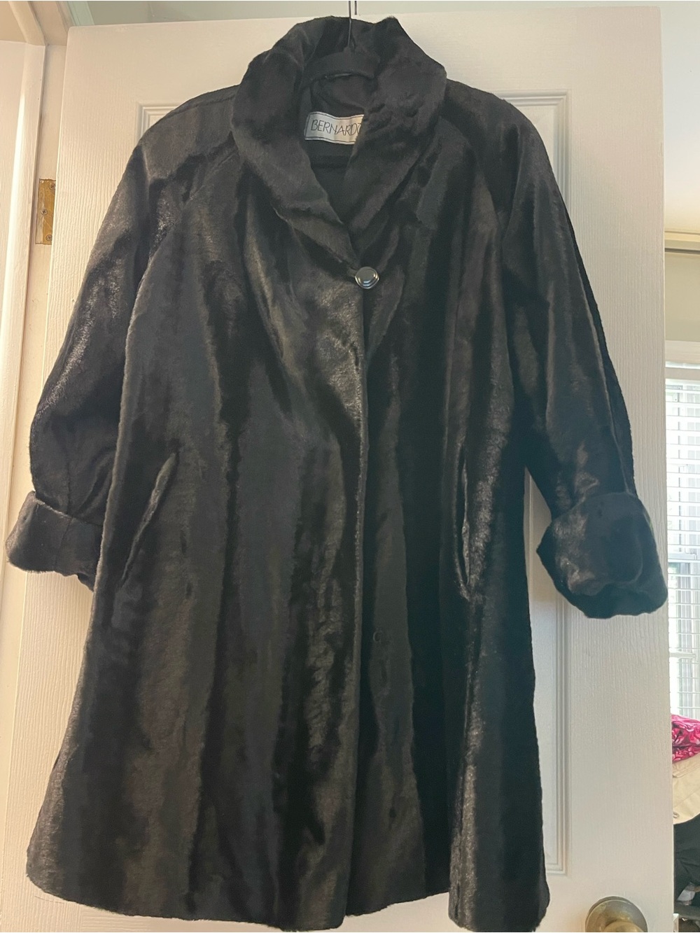 Bernardo Black Faux Fur Swing Coat XS Petite Made in USA